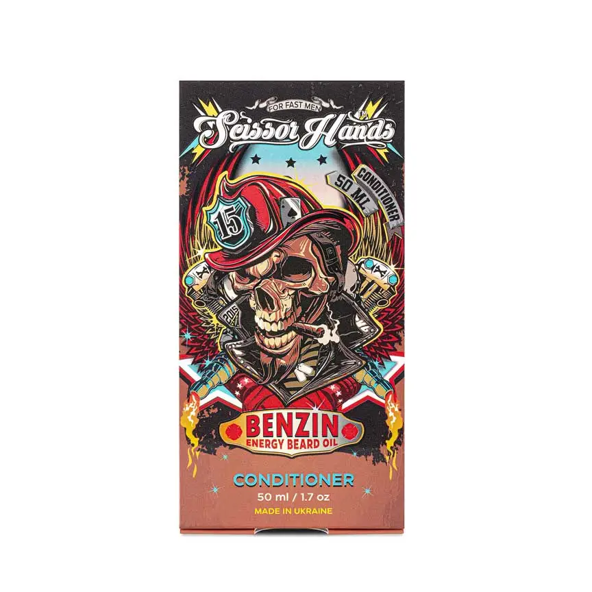 Benzin beard oil conditioner by Scissor Hands — beard care, softness, and a fresh fragrance.