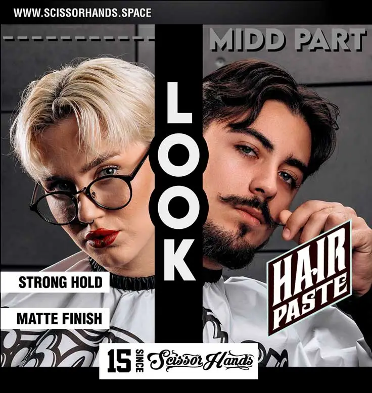 Зачіска middle part (шторки) — універсальний стиль для чоловіків і жінок, матова текстура та сильна фіксація із засобами Scissor Hands